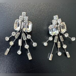 Vintage 1960s silver tone earrings with rhinestone burst Clip-ons Earrings